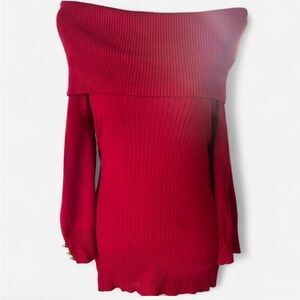 BCX Red Off Shoulder Sweater Dress Gold Button Cuffs Size M
